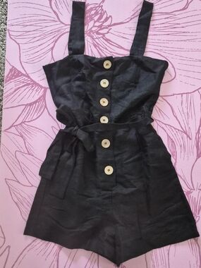 Mango Black Button-Front Linen Romper with Tie Waist